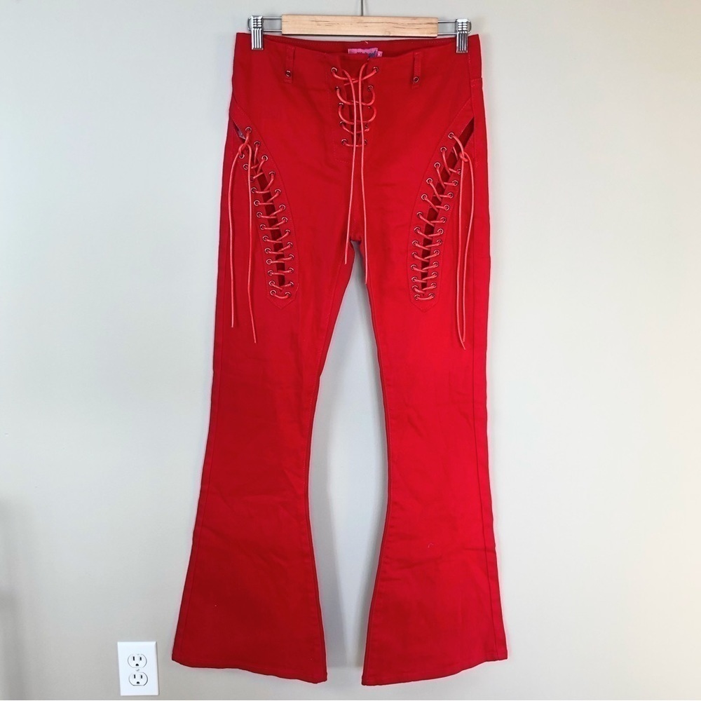 EDIKTED red lace up flared body con rocker jeans M